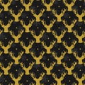 Vector seamless Christmas pattern with golden silhouettes of heads deers on black background. Royalty Free Stock Photo
